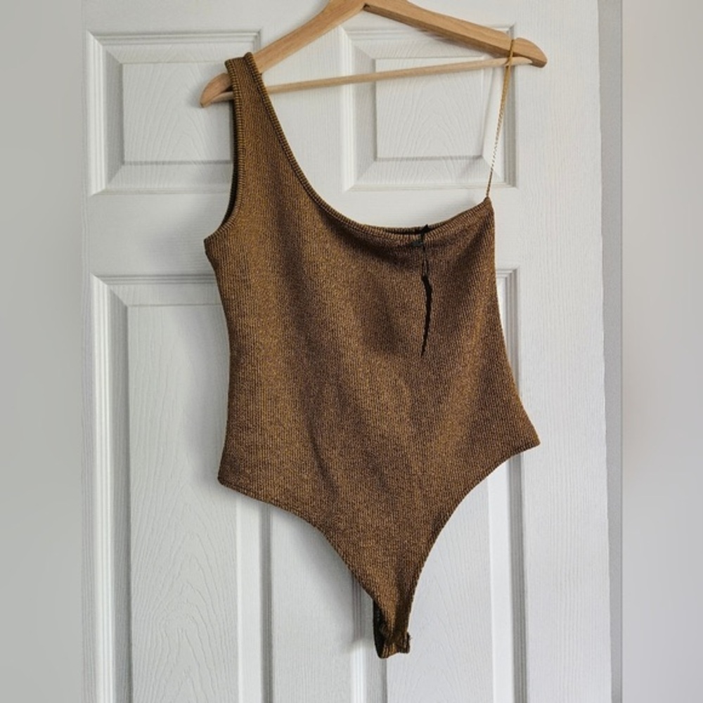 Dynamite One-Shoulder Knit Bodysuit in Brown